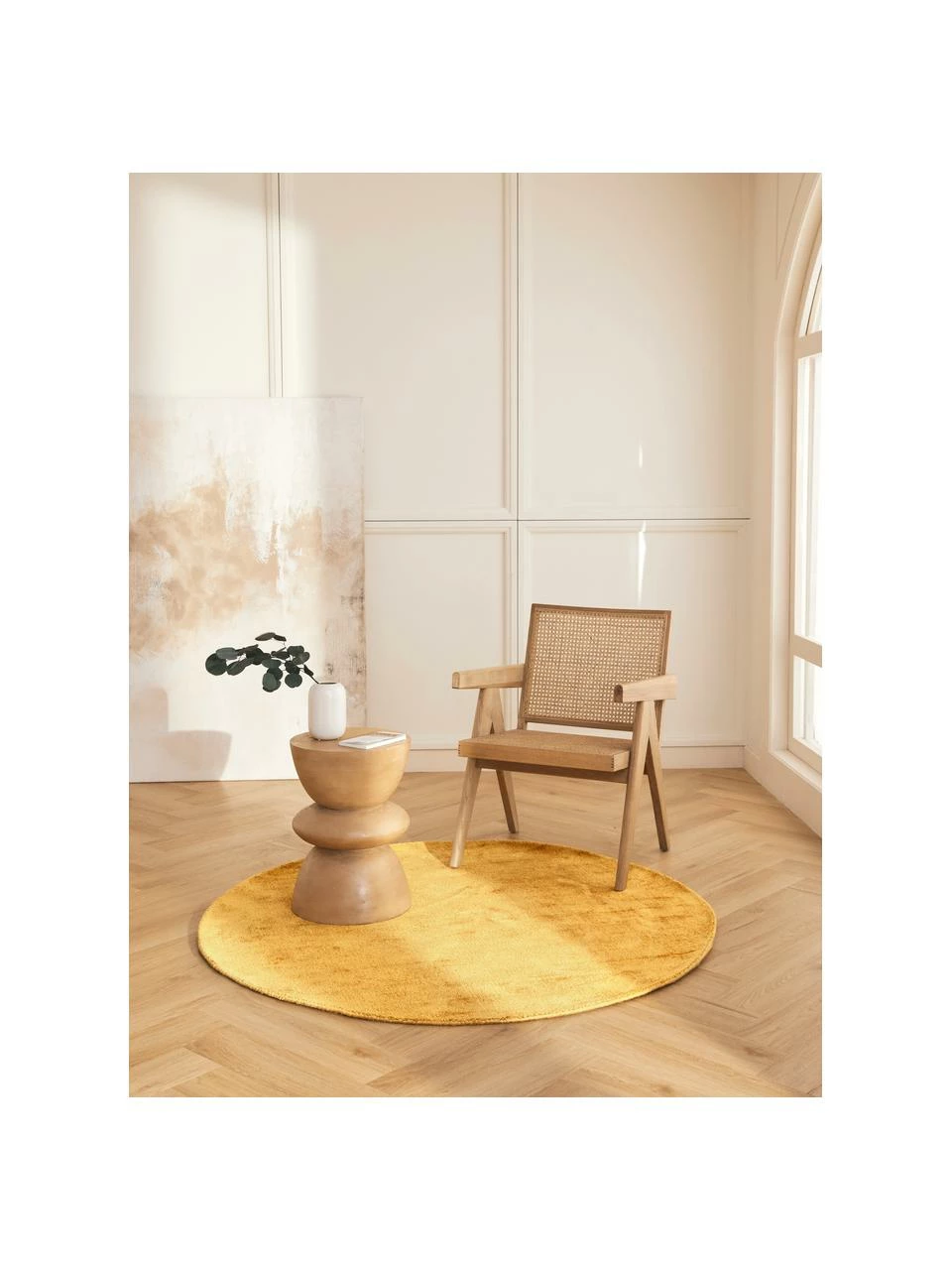 Offres 🧨 Westwing Collection Tapis rond jaune en viscose tissé main Jane, Ø 120 cm (taille S)Seulement 1 produit disponible 🔥 – Image 2